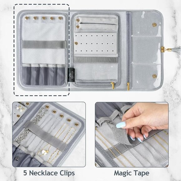 Jewelry Travel Organizer for Women, Tangle Free Portable Leather Jewelry Storage - Picture 3 of 8